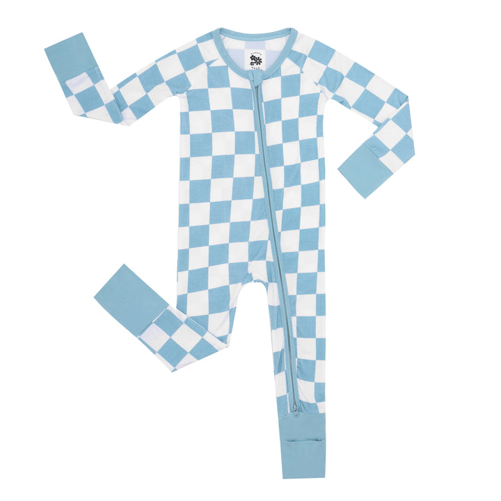 OCEAN BLUE AND WHITE CHECKERED ZIPPER ROMPER