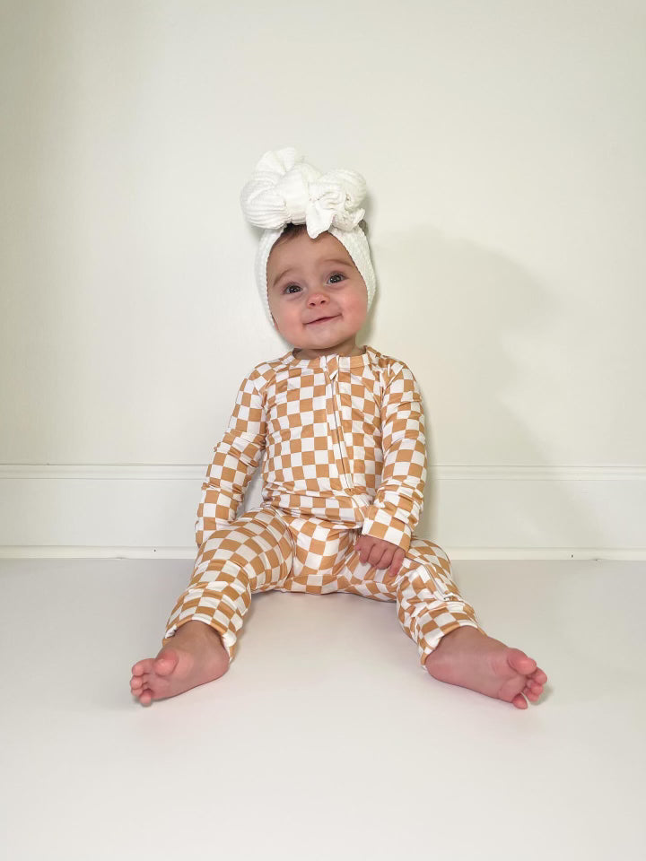 TAN CHECKERED ZIPPER ROMPER